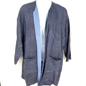 VTG Eileen Fisher Reversible Two Tone Blue Linen Open Front Jacket 2XL **READ**